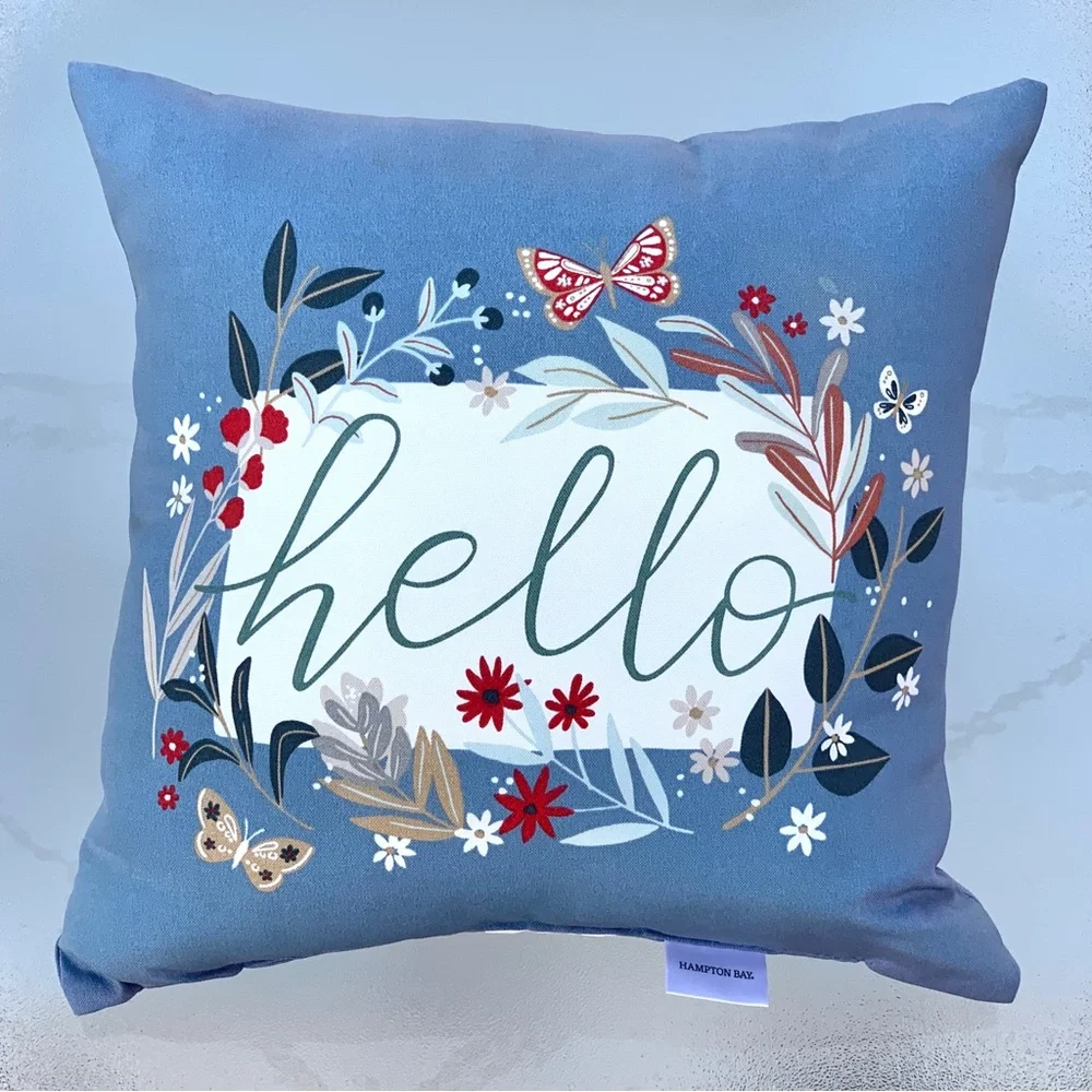 Hampton Bay Blue Floral & Butterfly Hello Indoor Outdoor Throw Pillow 16